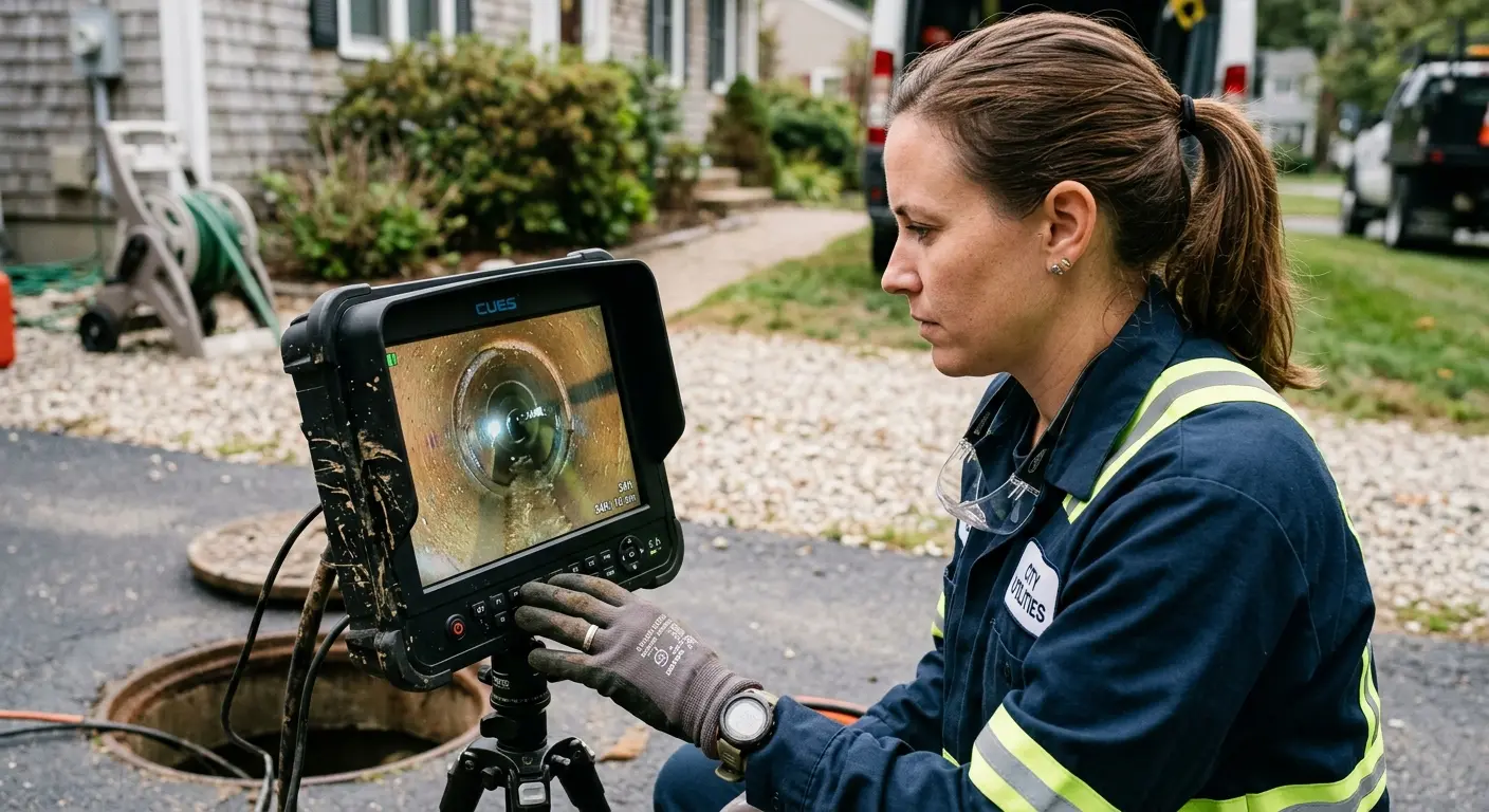 Technician reviewing sewer camera inspection footage in Uvalde