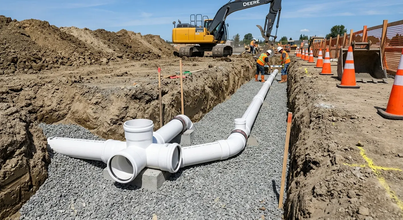 New PVC sewer pipe installation in open trench for Commercial Drain Cleaning in Uvalde