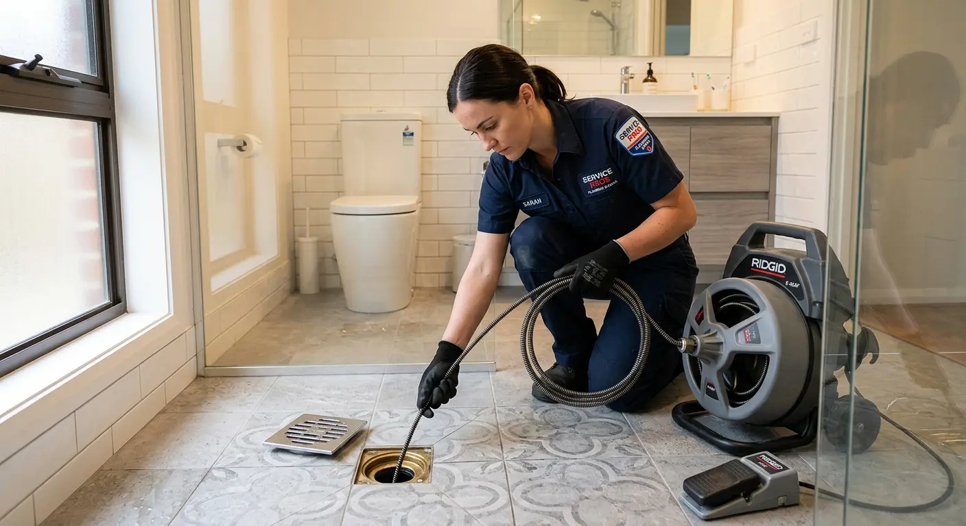 Technician clearing a bathroom floor drain for Clogged Drain Repair in Uvalde